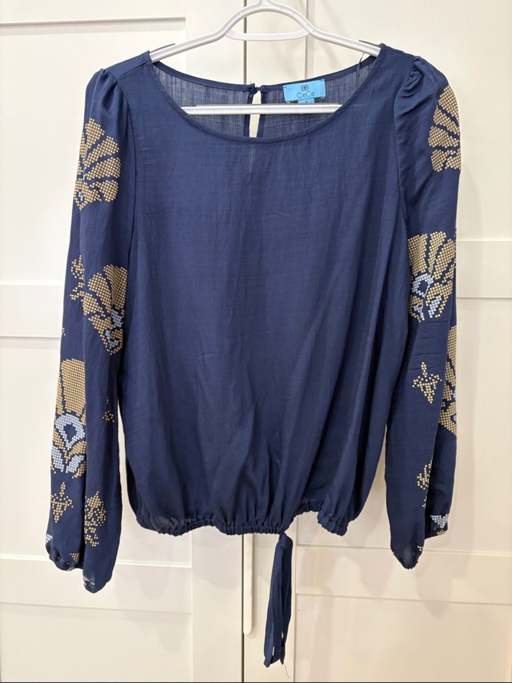 CeCe Navy Long-Sleeve Embroidered Tie-Hem Blouse